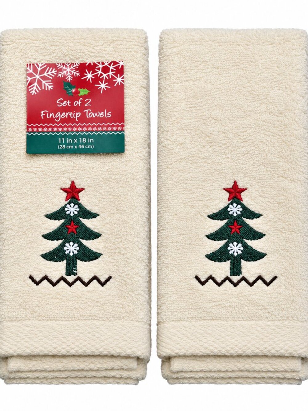Nantucket Christmas Tree Fingertip Towels Embroidered Beige Bathroom